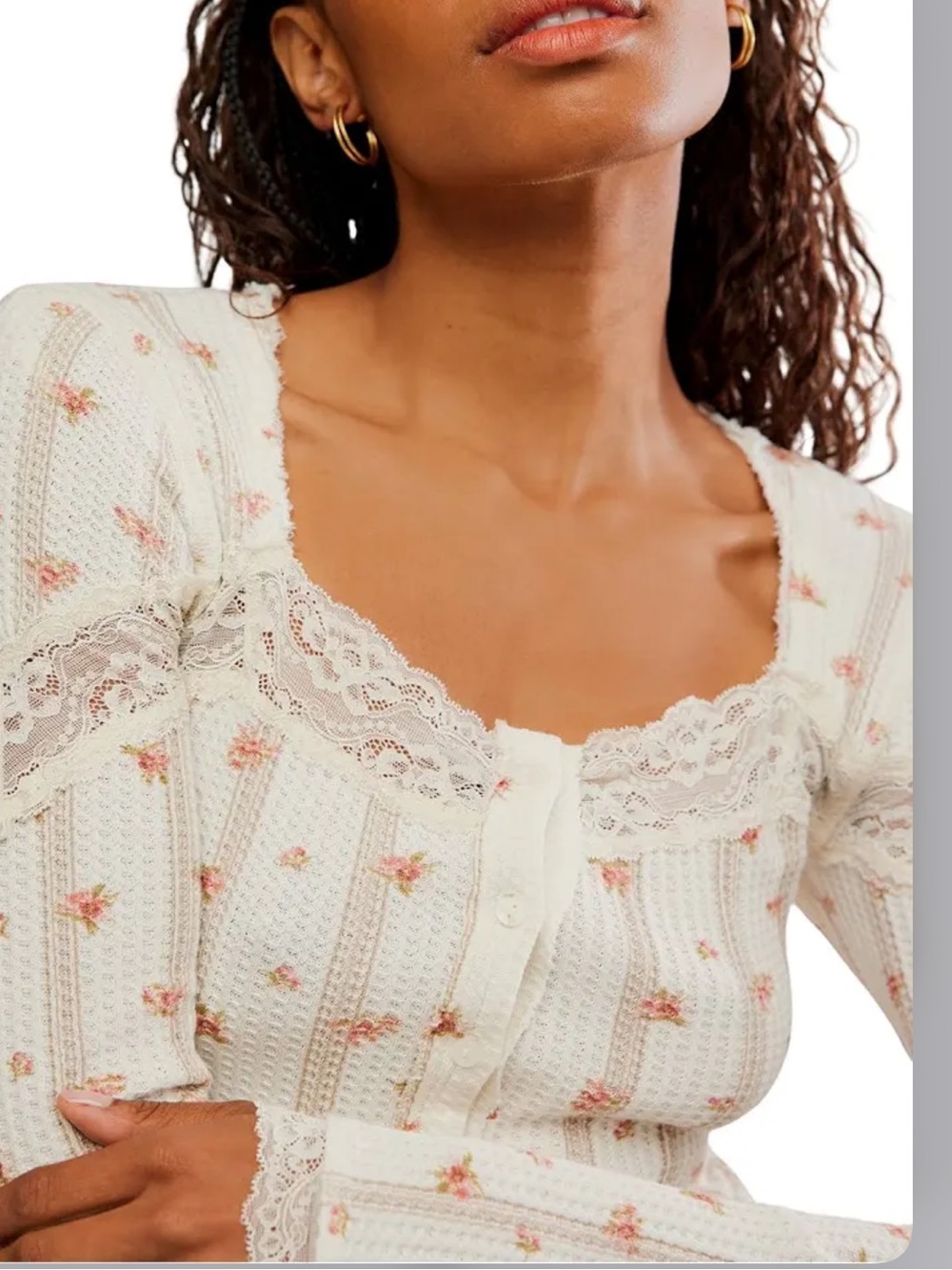 Free People Ivory Floral Lace-Trim Henley Thermal Top